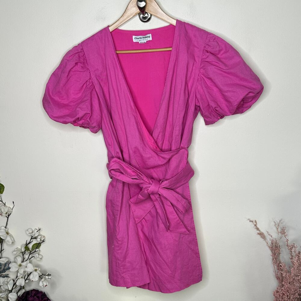 ANTHROPOLOGIE x CHARLIE HOLIDAY Linen Puff Sleeve Mini Dress Pink Sz 6 {3W45} - Picture 3 of 6
